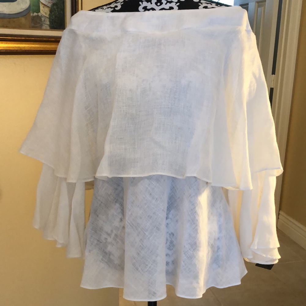 🪷Albar & Niveo linen white wide neck off shoulder tiered bell sleeve top